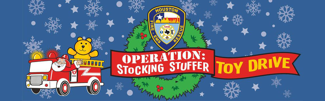 graphic of wreath decorated with a ribbon that reads Operation:Stcoking Stuffer Toy Drive against a light blue background and snowflakes. A fire engine graphic with a teddy bear is to the left of the wreath.